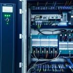 Un filtro attivo parallelo (SAPF) all'avanguardia installato in un moderno quadro elettrico industriale, con cavi ordinati e LED luminosi che ne indicano il funzionamento; obiettivo prime 35mm, profondità di campo per mettere a fuoco il SAPF, illuminazione tecnica brillante ma non abbagliante, dettagli nitidi dei componenti elettronici.