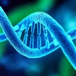 Una rappresentazione artistica e fotorealistica di una sequenza di DNA sintetico che si illumina, simboleggiando l'innovazione nella terapia genica. Macro lens, 100mm, high detail, controlled lighting, con un leggero effetto bokeh sullo sfondo per enfatizzare la sequenza, colori vibranti come blu elettrico e verde neon.