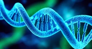 Una rappresentazione artistica e fotorealistica di una sequenza di DNA sintetico che si illumina, simboleggiando l'innovazione nella terapia genica. Macro lens, 100mm, high detail, controlled lighting, con un leggero effetto bokeh sullo sfondo per enfatizzare la sequenza, colori vibranti come blu elettrico e verde neon.