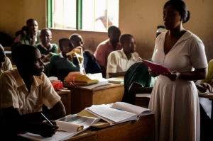 Un'aula scolastica nigeriana, studenti attenti, un insegnante sembra perplesso di fronte a dei documenti di valutazione. Luce naturale dalla finestra, atmosfera di studio ma con un velo di incertezza. Prime lens, 35mm, depth of field, colori caldi e leggermente desaturati.