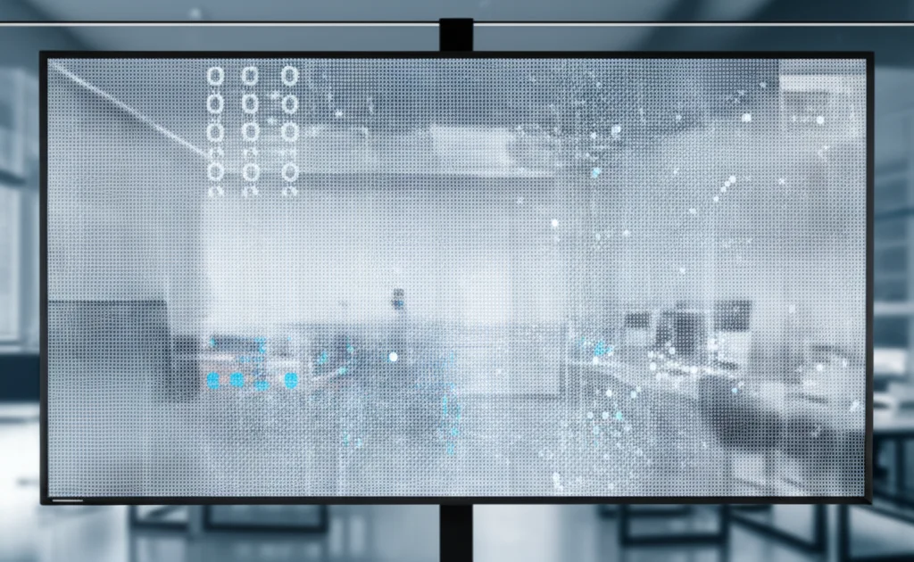 Un'immagine fotorealistica che mostra un'interfaccia AI sofisticata su un grande schermo in un ambiente clinico moderno. L'IA analizza note cliniche anonimizzate, visualizzate come complessi pattern di dati. Obiettivo prime, 35mm, con profondità di campo che mette a fuoco gli intricati dettagli dei dati sullo schermo. Lo sfondo, leggermente sfocato, rivela un laboratorio di ricerca pulito e ben illuminato. L'immagine è in duotone blu e grigio per un effetto high-tech e professionale.