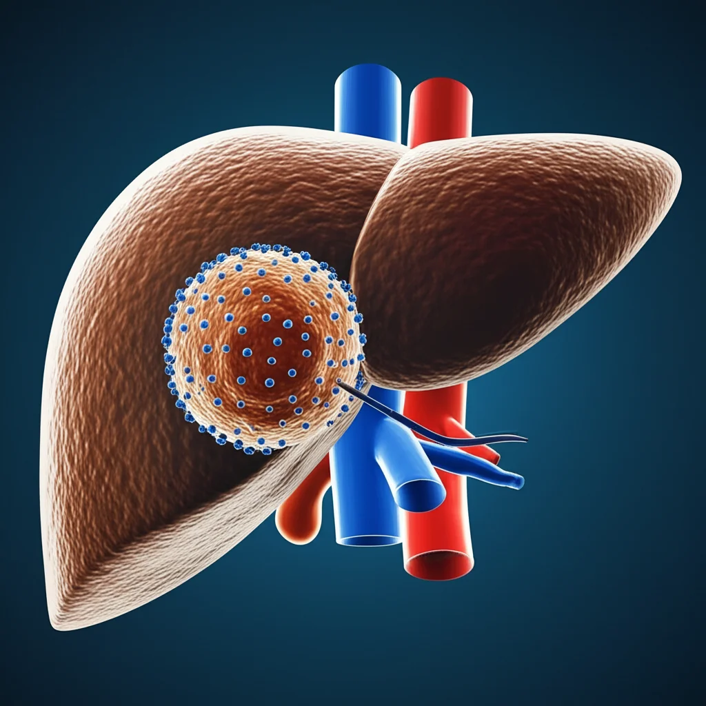 Visualizzazione 3D fotorealistica di un fegato umano affetto da carcinoma epatocellulare, con un catetere sottile che rilascia selettivamente microparticelle terapeutiche (BOAI-TACE) direttamente nelle arterie tumorali. L'immagine è realizzata con un obiettivo macro 70mm per evidenziare i dettagli, con illuminazione drammatica che mette in risalto il tumore e l'azione del trattamento, sfondo scuro per contrasto.