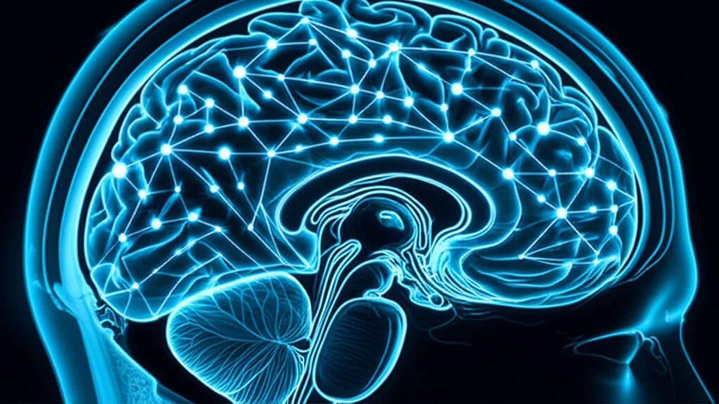 Visualizzazione artistica 3D di una rete neurale complessa sovrapposta a una scansione cerebrale fMRI stilizzata, con nodi luminosi e connessioni che rappresentano le regioni di interesse (ROI) e le relazioni causali scoperte tramite entropia di trasferimento e raffinate con curvatura geometrica. Obiettivo prime 35mm, profondità di campo, duotono ciano e magenta per un look futuristico e scientifico, alta definizione.