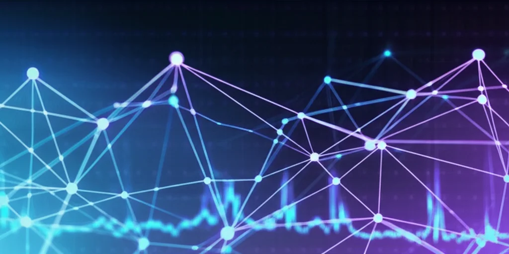 Visualizzazione astratta di una rete neurale profonda (DNN) con nodi luminosi interconnessi, sovrapposta a un tracciato EEG sfocato sullo sfondo, simboleggiando l'analisi del sonno tramite IA. Illuminazione high-tech blu e viola.