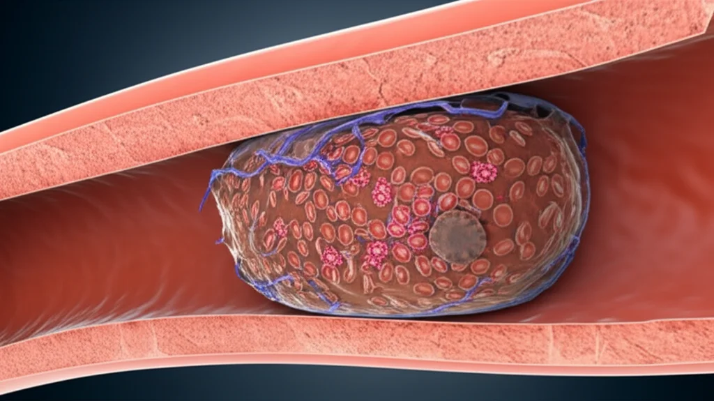 Visualizzazione fotorealistica 3D ad alta definizione di una placca aterosclerotica complessa (tipo VI) all'interno di un'arteria carotide. Lente macro 85mm, illuminazione controllata per evidenziare dettagli come il nucleo necrotico, la capsula fibrosa erosa, cellule infiammatorie (macrofagi) e cellule muscolari lisce. L'immagine trasmette la complessità molecolare e strutturale della lesione avanzata.