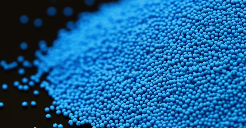 Visualizzazione fotorealistica di un reattore chimico in laboratorio contenente scaglie di poliuretano colorato e polvere di ossido di cerio (CeO2) biancastra. L'illuminazione è da studio, drammatica, per enfatizzare la trasformazione chimica in corso. Obiettivo prime 35mm, profondità di campo per mettere a fuoco i reagenti.