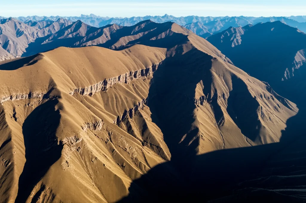Immagine aerea fotorealistica di un paesaggio montuoso aspro e imponente nel sud-ovest della Cina, attraversato da una linea di faglia chiaramente visibile come una cicatrice sulla terra, la faglia di Anninghe. Utilizzare un obiettivo grandangolare da 18mm con lunga esposizione per catturare l'ampiezza del paesaggio e la maestosità geologica, con luce naturale del tardo pomeriggio che crea ombre lunghe e profonde, accentuando la topografia e la struttura della faglia.