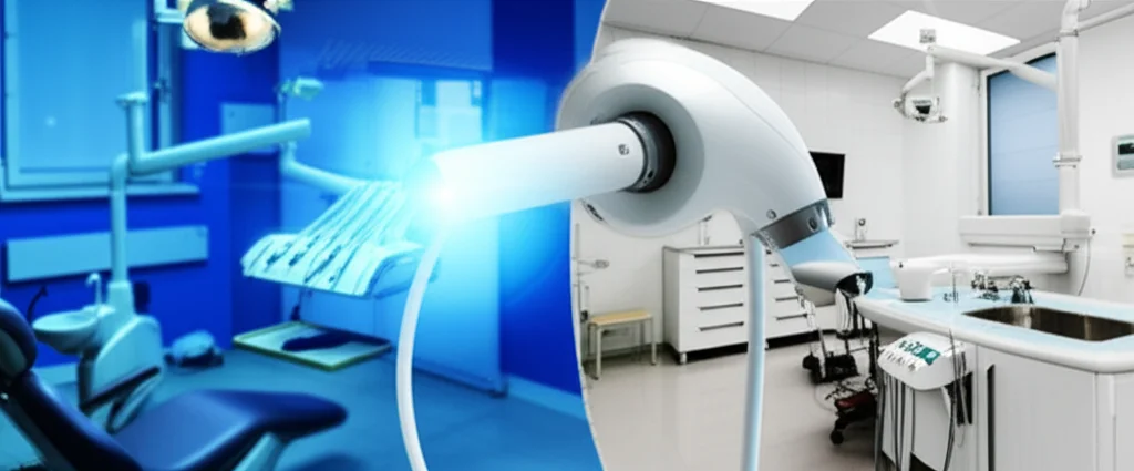 Immagine concettuale che mostra uno scanner intraorale digitale sospeso a mezz'aria, con un fascio di luce blu che collega due ambienti distinti ma fusi: a sinistra, un moderno e luminoso studio dentistico con poltrona e attrezzature; a destra, una sala settoria più sobria e scientifica con tavolo autoptico in acciaio. Obiettivo grandangolare 24mm per includere entrambi gli scenari, focus sullo scanner come ponte tecnologico, illuminazione contrastante tra i due ambienti.