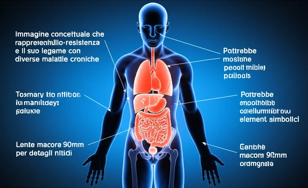 Immagine concettuale che rappresenta l'insulino-resistenza e il suo legame con diverse malattie croniche. Potrebbe mostrare una figura umana stilizzata con organi evidenziati e frecce che indicano connessioni. Lente macro 90mm per dettagli nitidi su elementi simbolici, illuminazione drammatica per enfatizzare la serietà del tema.