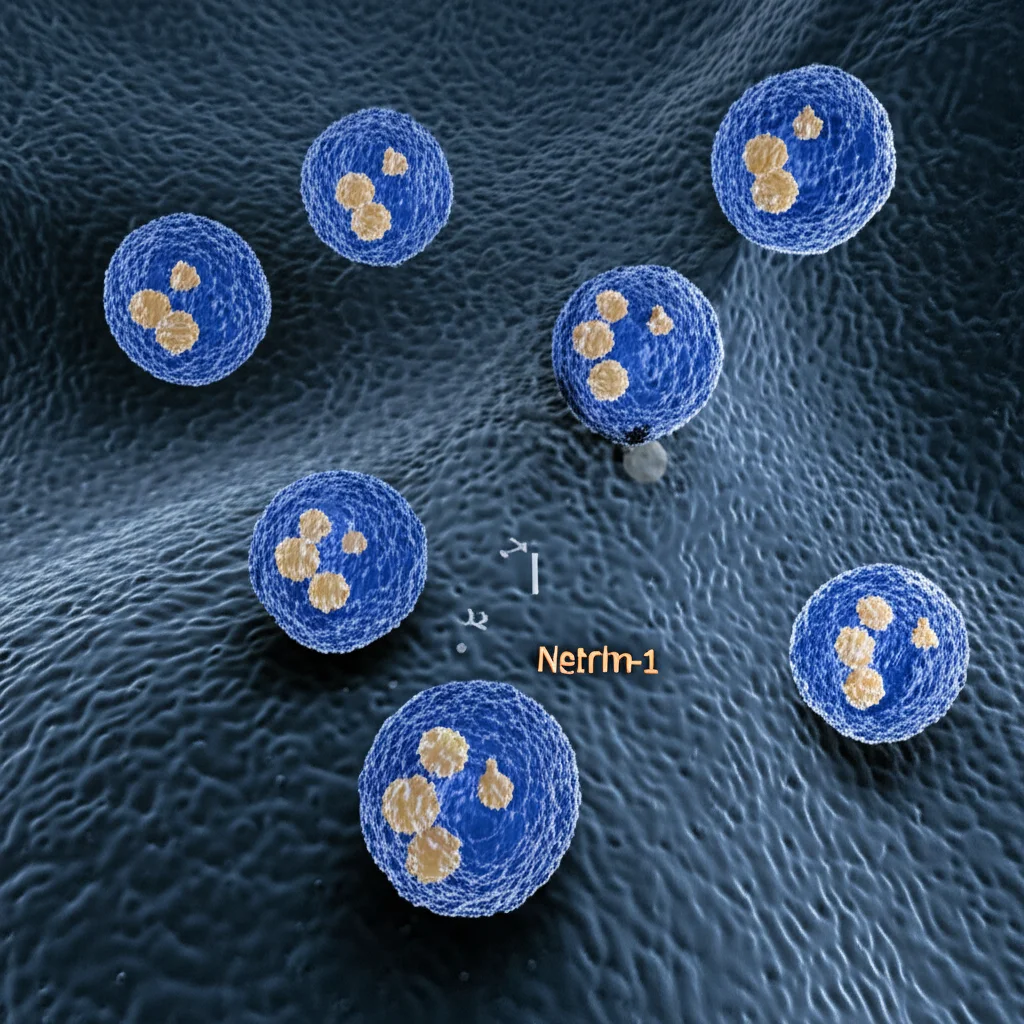 Immagine concettuale di reni sani che si trasformano in reni con segni di danno tubulare, con molecole di Netrina-1 in evidenza. Macro lens, 100mm, high detail, controlled lighting, un duotone effect (blu e grigio) per sottolineare l'aspetto clinico e scientifico.