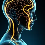 Immagine medica concettuale: una testa umana stilizzata con linee di frattura luminose che si irradiano verso altre parti del corpo (torace, colonna vertebrale, arti) anch'esse evidenziate con aree di impatto, a simboleggiare traumi concomitanti. Sfondo scuro, illuminazione drammatica che enfatizza le connessioni, obiettivo 50mm, alta definizione per dettagli nitidi delle linee e delle aree di impatto.