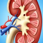 Medical illustration of a kidney, showing a decrease in size over time due to long-term stenting, precise focusing, controlled lighting.