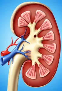 Medical illustration of a kidney, showing a decrease in size over time due to long-term stenting, precise focusing, controlled lighting.