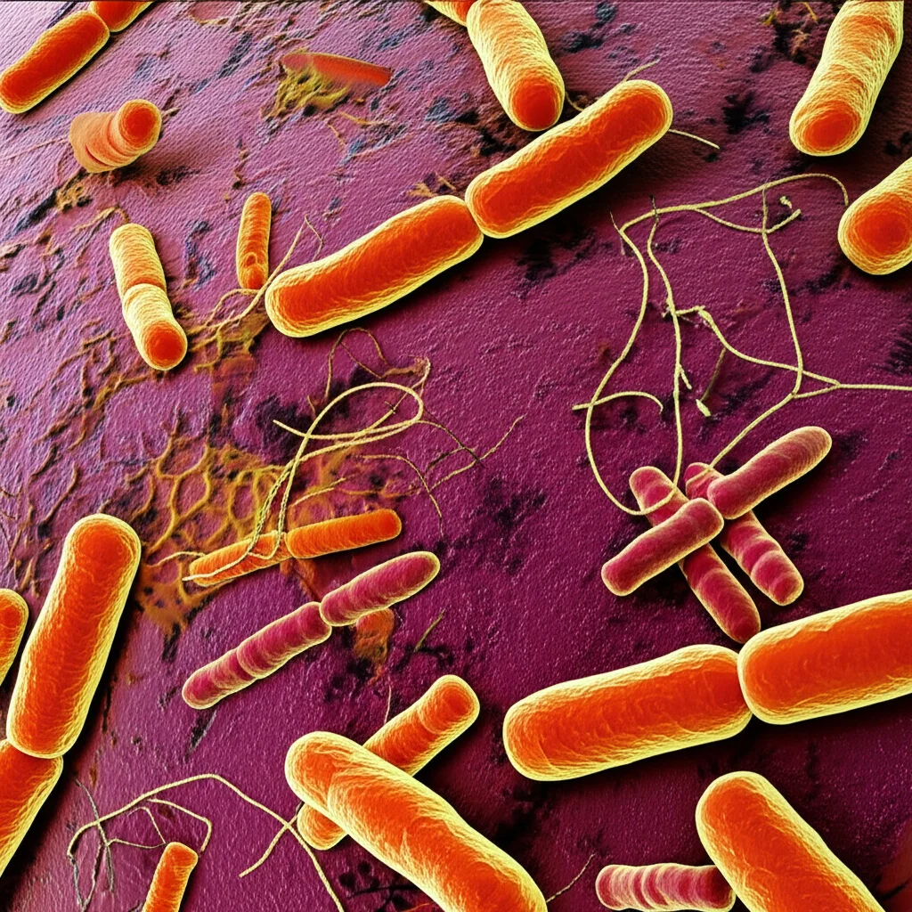 Photorealistic macro lens 100mm image depicting the complex world of gut bacteria linked to colorectal health, high detail, precise focusing, controlled lighting.