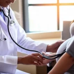 Primo piano di un medico che misura la pressione sanguigna a una donna incinta durante una visita prenatale, obiettivo prime 50mm, luce naturale da finestra, profondità di campo che sfoca leggermente lo sfondo dello studio medico.
