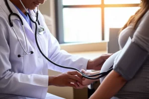 Primo piano di un medico che misura la pressione sanguigna a una donna incinta durante una visita prenatale, obiettivo prime 50mm, luce naturale da finestra, profondità di campo che sfoca leggermente lo sfondo dello studio medico.