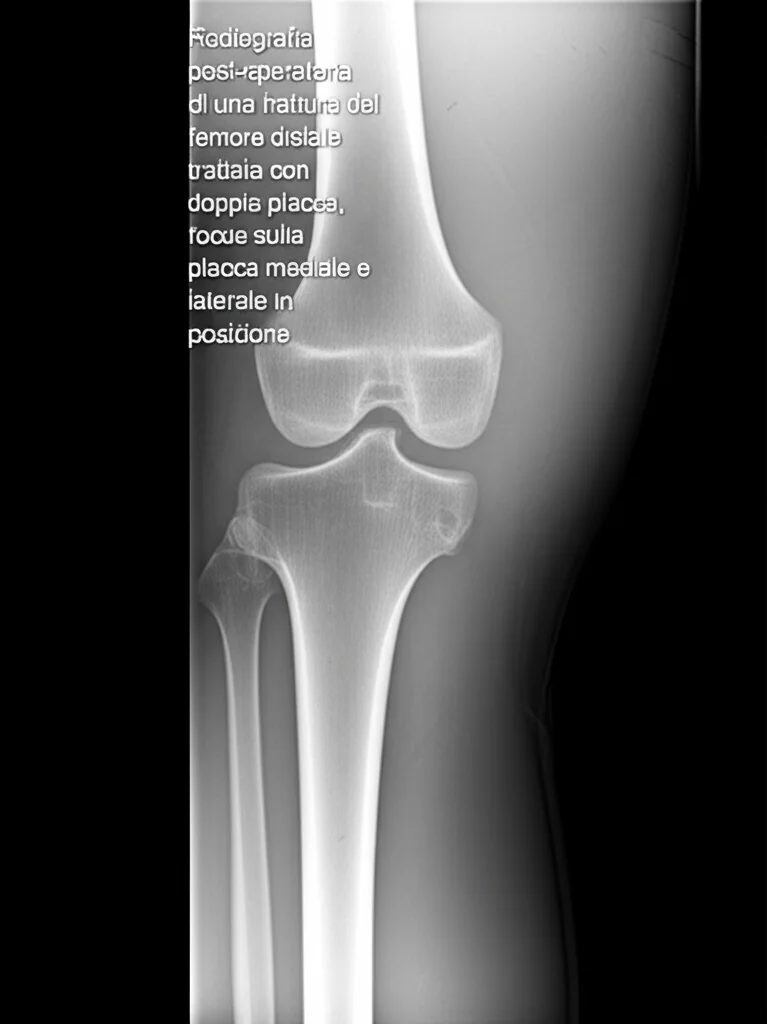 Radiografia post-operatoria di una frattura del femore distale trattata con doppia placca, focus sulla placca mediale e laterale in posizione, immagine medica ad alta definizione, illuminazione controllata, obiettivo macro 100mm per dettaglio osseo.