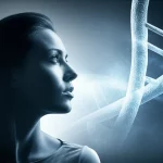 Ritratto concettuale di una donna che guarda con speranza verso una rappresentazione astratta di terapia immunitaria, con sovrapposizione di dati genomici stilizzati, obiettivo prime 35mm, duotone blu e grigio, profondità di campo.