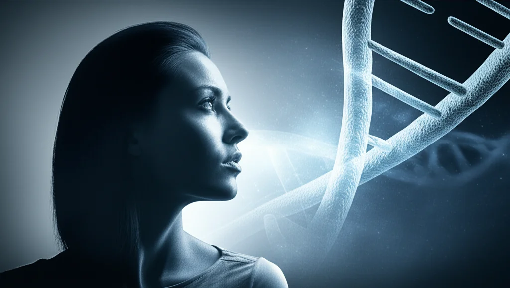 Ritratto concettuale di una donna che guarda con speranza verso una rappresentazione astratta di terapia immunitaria, con sovrapposizione di dati genomici stilizzati, obiettivo prime 35mm, duotone blu e grigio, profondità di campo.