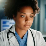 Una donna afroamericana, medico o ricercatrice, guarda con determinazione dei dati su un monitor in un laboratorio moderno. Luce direzionale che crea un leggero effetto chiaroscuro, obiettivo da 50mm, l'immagine deve trasmettere serietà e impegno nella ricerca scientifica sulle disparità sanitarie.