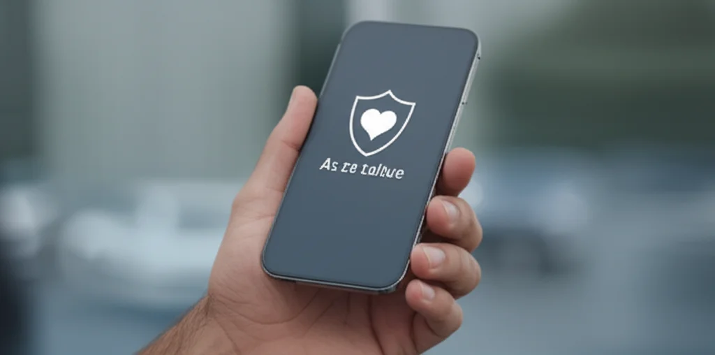 Una mano tiene uno smartphone con un'app per la salute aperta sullo schermo. In primo piano, un'icona stilizzata di uno scudo sovrapposta a un cuore simboleggia la sicurezza dei dati sanitari. Sfondo leggermente sfocato che suggerisce un ambiente moderno e pulito. Fotografia realistica, obiettivo prime 50mm, profondità di campo ridotta per enfatizzare lo smartphone.
