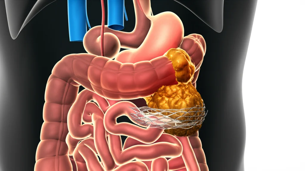 Visualizzazione 3D altamente realistica e dettagliata del sistema biliare umano con un'ostruzione ilare maligna evidenziata, e uno stent percutaneo posizionato sopra l'ampolla, illuminazione da studio, obiettivo macro 90mm, resa fotorealistica medica.