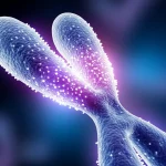 Visualizzazione 3D astratta e fotorealistica del cromosoma X femminile con una regione distale (corpo di Barr) che si illumina progressivamente, simboleggiando la riattivazione genica durante l'invecchiamento. Macro lens, 85mm, high detail, precise focusing, controlled lighting soffusa sui toni del blu e viola, focus sulla regione illuminata che emana particelle luminose.