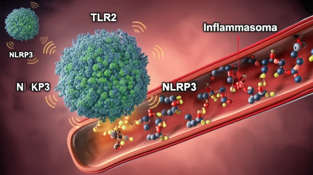 Visualizzazione artistica e concettuale della proteina TLR2 al centro, circondata da elementi che simboleggiano il diabete (molecole di glucosio stilizzate) e l'aterosclerosi (una sezione di arteria con placche). La TLR2 emana segnali infiammatori (rappresentati da onde o particelle luminose) verso l'inflammasoma NLRP3 e la via NF-kB. Utilizzare un obiettivo prime da 35mm con profondità di campo per mettere a fuoco TLR2, mentre lo sfondo rimane leggermente sfocato. Toni di colore caldi (rossi, arancioni) per indicare l'infiammazione e il pericolo, contrastati da alcuni elementi in blu o verde per simboleggiare la salute compromessa. Stile fotorealistico con un tocco di drammaticità.