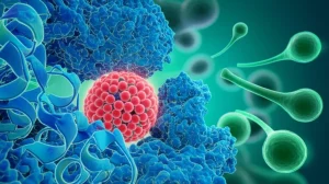 Concetto artistico fotorealistico che illustra una proteina MBTPS1 stilizzata (struttura complessa bluastra) che viene inibita da una molecola farmacologica (sfera luminosa rossa), permettendo a cellule immunitarie T (raggi luminosi verdi) di convergere e attaccare cellule tumorali del colon-retto (sfere scure e irregolari sullo sfondo). Prime lens 35mm, duotone blu e verde, profondità di campo per focalizzare sull'interazione tra farmaco, MBTPS1 e cellule T.