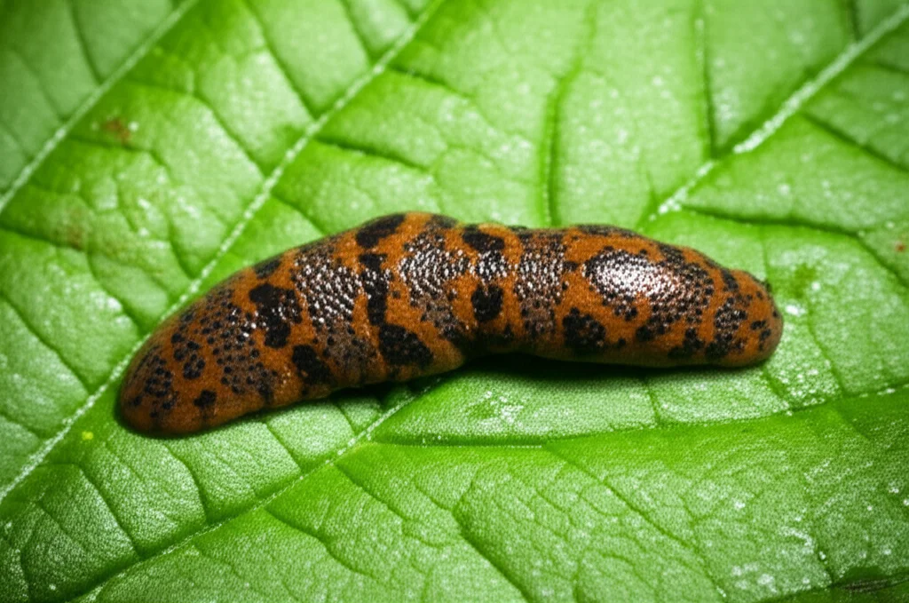 Fotografia macro di una sanguisuga medicinale (Hirudo verbana) su una superficie umida verde foglia, macro lens, 90mm, high detail, precise focusing, controlled lighting, che ne mostra la complessa segmentazione e la colorazione tipica marrone-verdastra con pattern arancioni, in un contesto che evoca la ricerca scientifica e l'acquacoltura.