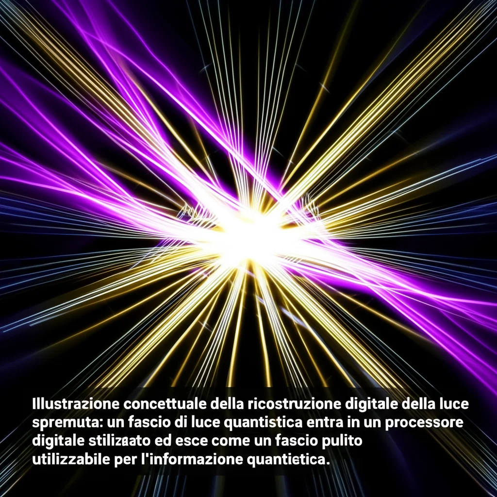 Illustrazione concettuale della ricostruzione digitale della luce spremuta: un fascio di luce quantistica entra in un processore digitale stilizzato ed esce come un fascio pulito e utilizzabile per l'informazione quantistica. Prime lens, 35mm, depth of field, colori duotone viola e oro.