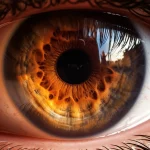 Immagine artistica di un occhio umano con una retina stilizzata visibile attraverso la pupilla, con dettagli intricati degli strati retinici e un pattern a stella nella macula, illuminazione drammatica che enfatizza la struttura, obiettivo macro 85mm, profondità di campo selettiva.