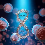 Immagine concettuale fotorealistica del DNAJC7 come bersaglio terapeutico nel carcinoma epatocellulare. Una struttura proteica stilizzata di DNAJC7 al centro, circondata da cellule tumorali HCC visualizzate al microscopio, con un fascio di luce che la colpisce. Lente macro 105mm, alta definizione, illuminazione drammatica.