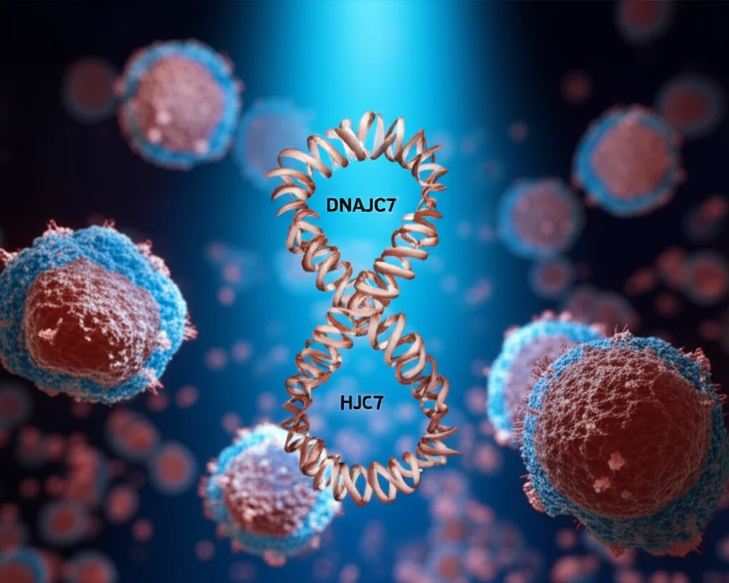 Immagine concettuale fotorealistica del DNAJC7 come bersaglio terapeutico nel carcinoma epatocellulare. Una struttura proteica stilizzata di DNAJC7 al centro, circondata da cellule tumorali HCC visualizzate al microscopio, con un fascio di luce che la colpisce. Lente macro 105mm, alta definizione, illuminazione drammatica.