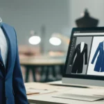 Immagine fotorealistica di un'interfaccia di un software avanzato di fashion design. A sinistra, un avatar 3D indossa una giacca virtuale blu con un difetto di vestibilità evidente sulla spalla (linee di tensione diagonali). A destra, il cartamodello 2D corrispondente visualizzato sullo schermo, con tre piccole anteprime di possibili modifiche al pattern tra cui scegliere. Sullo sfondo, uno studio di design moderno, pulito e luminoso con tavoli da disegno e manichini sfocati. Obiettivo prime 50mm, profondità di campo ridotta per mettere a fuoco l'interfaccia digitale, illuminazione da studio morbida e diffusa.