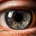 Primo piano di un occhio umano con evidenti segni di uveite, esaminato da un oftalmologo con uno strumento diagnostico luminoso. Macro lens, 90mm, high detail, precise focusing, illuminazione clinica focalizzata sull'iride e la pupilla.