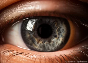 Primo piano di un occhio umano con evidenti segni di uveite, esaminato da un oftalmologo con uno strumento diagnostico luminoso. Macro lens, 90mm, high detail, precise focusing, illuminazione clinica focalizzata sull'iride e la pupilla.