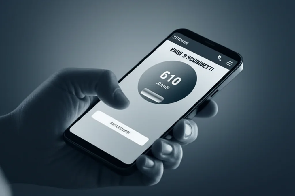 Primo piano di una mano che tiene uno smartphone con un'interfaccia di scommesse sportive online, le dita esitanti sopra il pulsante 'scommetti'. L'illuminazione proviene dallo schermo, creando un'atmosfera tesa. Obiettivo prime da 50mm, profondità di campo ridotta per focalizzare sulla mano e sullo schermo, duotone blu e grigio per un effetto drammatico.