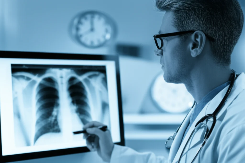 Un medico oncologo, in un ambiente ospedaliero moderno e luminoso, osserva con attenzione una TAC polmonare su un monitor ad alta definizione, mentre sullo sfondo si intravede un orologio che simboleggia il tempo. Luce soffusa ma focalizzata sul monitor, focus sui dettagli dell'immagine medica e sull'espressione concentrata del medico. Prime lens, 35mm, depth of field, duotone blu e grigio per un'atmosfera seria ma speranzosa.