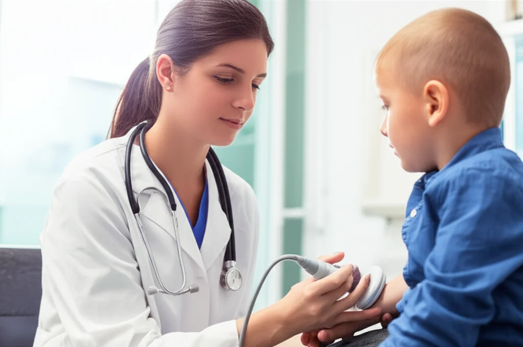 Un'infermiera pediatrica esperta che utilizza con precisione una sonda ecografica per localizzare una vena sul braccio di un bambino piccolo, in un ambiente clinico luminoso e rassicurante. L'immagine deve trasmettere competenza e cura. Obiettivo prime, focale 50mm, profondità di campo per isolare il soggetto, illuminazione morbida e naturale.