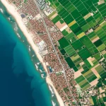 Vista aerea fotorealistica da satellite di un paesaggio complesso che include costa, aree urbane e campi agricoli, illustrante la fusione di dati ad alta risoluzione spaziale (dettagli nitidi) e spettrale (colori ricchi), wide-angle lens, 20mm, sharp focus, high detail, colori vibranti, che mostra chiaramente i benefici della fusione di immagini per il telerilevamento.