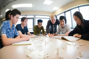 wide-angle, un'aula scolastica moderna e luminosa, con un gruppo eterogeneo di studenti adolescenti (maschi e femmine, diverse etnie) seduti attorno a un grande tavolo, attivamente impegnati nell'esaminare e discutere quaderni di progettazione ingegneristica e alcuni piccoli prototipi sparsi sul tavolo, l'atmosfera è collaborativa e concentrata, obiettivo grandangolare da 24mm, messa a fuoco nitida su tutto il gruppo, luce naturale abbondante che entra da ampie finestre.