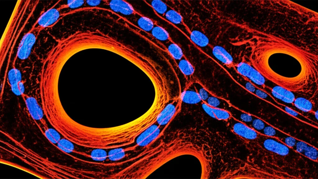 A detailed macro lens image of astrocytes in the spinal cord, highlighting cellular structures and interactions, with controlled lighting.