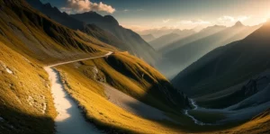 A photorealistic, wide-angle landscape image of a reconstructed historical tribute route winding through majestic mountains and serene valleys. The lighting is golden hour, casting long shadows. Wide-angle lens, 10-24mm, long exposure times for smooth water or clouds, sharp focus on the entire landscape, conveying a sense of epic journey and historical significance.