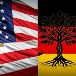 A visual comparison of two contrasting symbols representing the U.S. and German justice systems, wide-angle lens, 24mm, high detail.