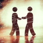 Concetto astratto di altruismo e cooperazione, con due figure stilizzate che si aiutano a vicenda su uno sfondo che suggerisce complessità e interconnessione, con elementi grafici che richiamano formule e dinamiche. Illuminazione diffusa, obiettivo 35mm, colori caldi e freddi in duotono per simboleggiare il costo e il beneficio.