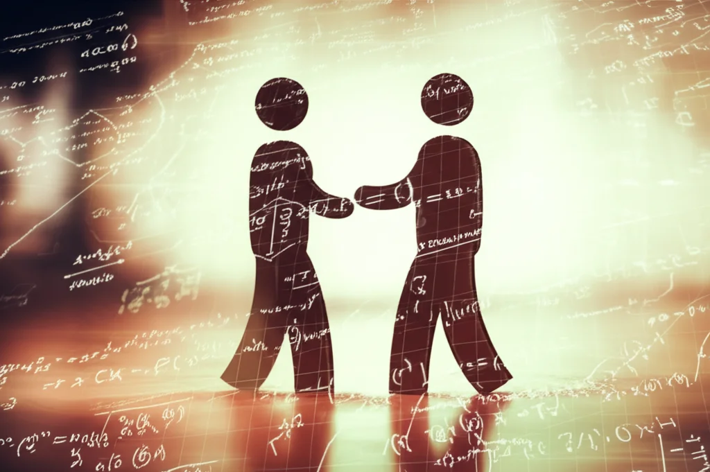 Concetto astratto di altruismo e cooperazione, con due figure stilizzate che si aiutano a vicenda su uno sfondo che suggerisce complessità e interconnessione, con elementi grafici che richiamano formule e dinamiche. Illuminazione diffusa, obiettivo 35mm, colori caldi e freddi in duotono per simboleggiare il costo e il beneficio.