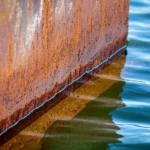 Fotografia di una piastra di rinforzo in acciaio 16Mn parzialmente immersa in acqua marina simulata, con evidenti segni di corrosione e ruggine che si formano all'interfaccia aria-acqua e sulle zone bagnate-asciutte. L'immagine è scattata con un obiettivo prime da 50mm per un aspetto naturale, con una profondità di campo che mette a fuoco la corrosione ma lascia intravedere l'ambiente marino circostante. Illuminazione drammatica laterale per esaltare le texture della ruggine.