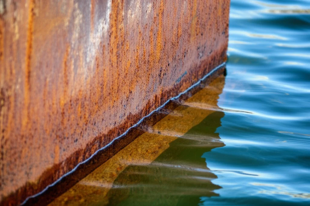 Fotografia di una piastra di rinforzo in acciaio 16Mn parzialmente immersa in acqua marina simulata, con evidenti segni di corrosione e ruggine che si formano all'interfaccia aria-acqua e sulle zone bagnate-asciutte. L'immagine è scattata con un obiettivo prime da 50mm per un aspetto naturale, con una profondità di campo che mette a fuoco la corrosione ma lascia intravedere l'ambiente marino circostante. Illuminazione drammatica laterale per esaltare le texture della ruggine.