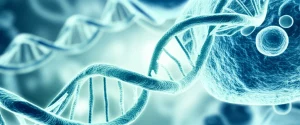 Grafico stilizzato che mostra una linea di sopravvivenza a lungo termine (Kaplan-Meier) per pazienti con EGCT, sovrapposto a un'immagine astratta di DNA o cellule tumorali. Colori tenui ma con un accenno di speranza (es. blu e verde acqua duotone). Obiettivo 50mm, focus nitido sul grafico, sfondo leggermente sfocato.